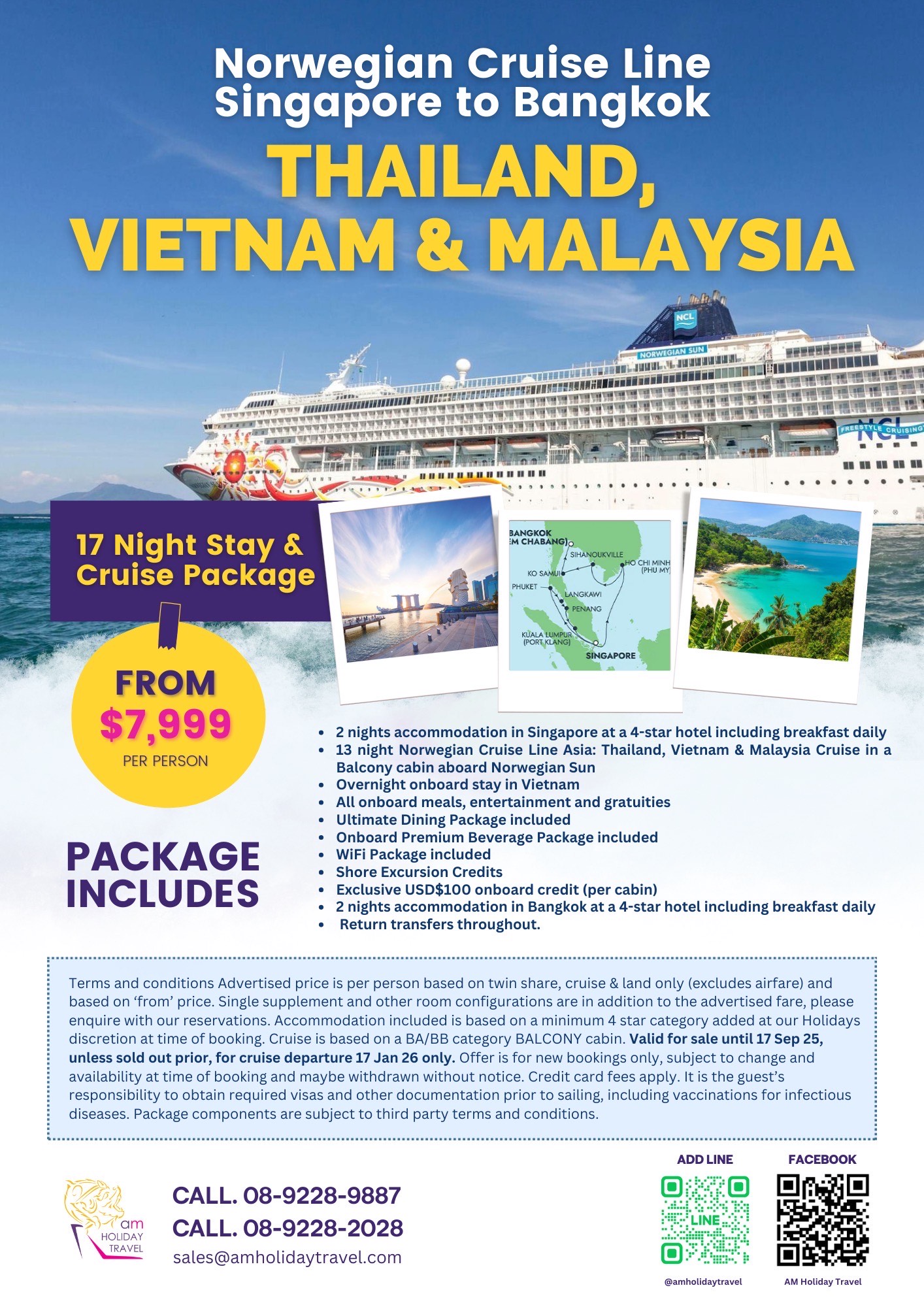17 Night Stay & Cruise Package - Norwegian Cruise Line Singapore to Bangkok 